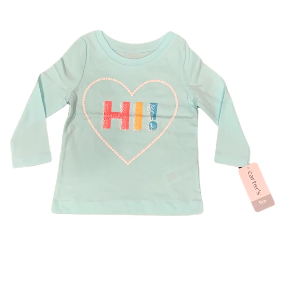NWT Carter’s blue long sleeve shirt with sequin heart & “Hi!” script. Sz 9m.